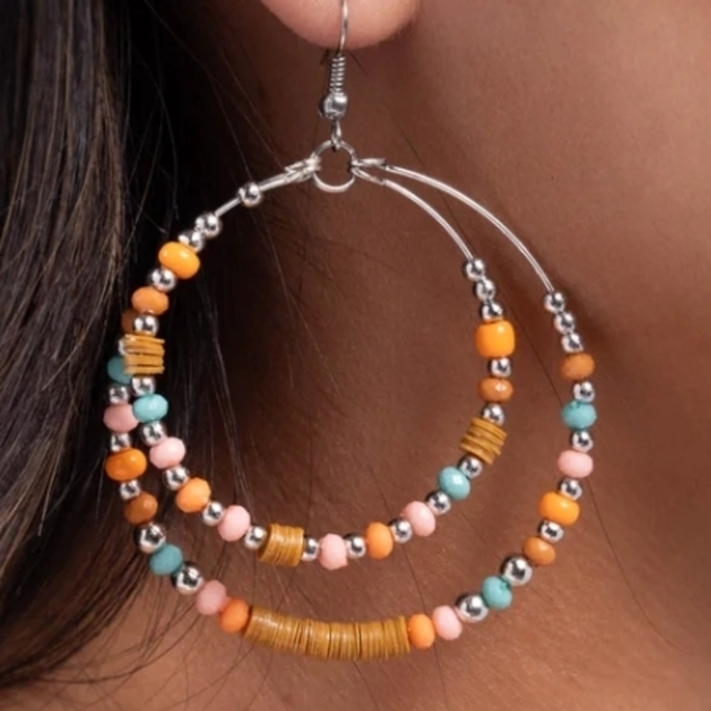 3 For $15 Colorful Beaded Hoop Earrings - Picture 2 of 4
